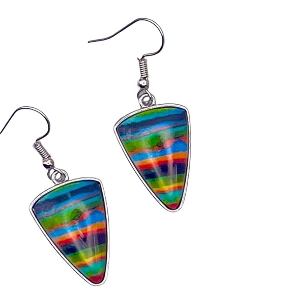 Boho Multicolored Striped Triangle Drop Earrings - Picture 2 of 4